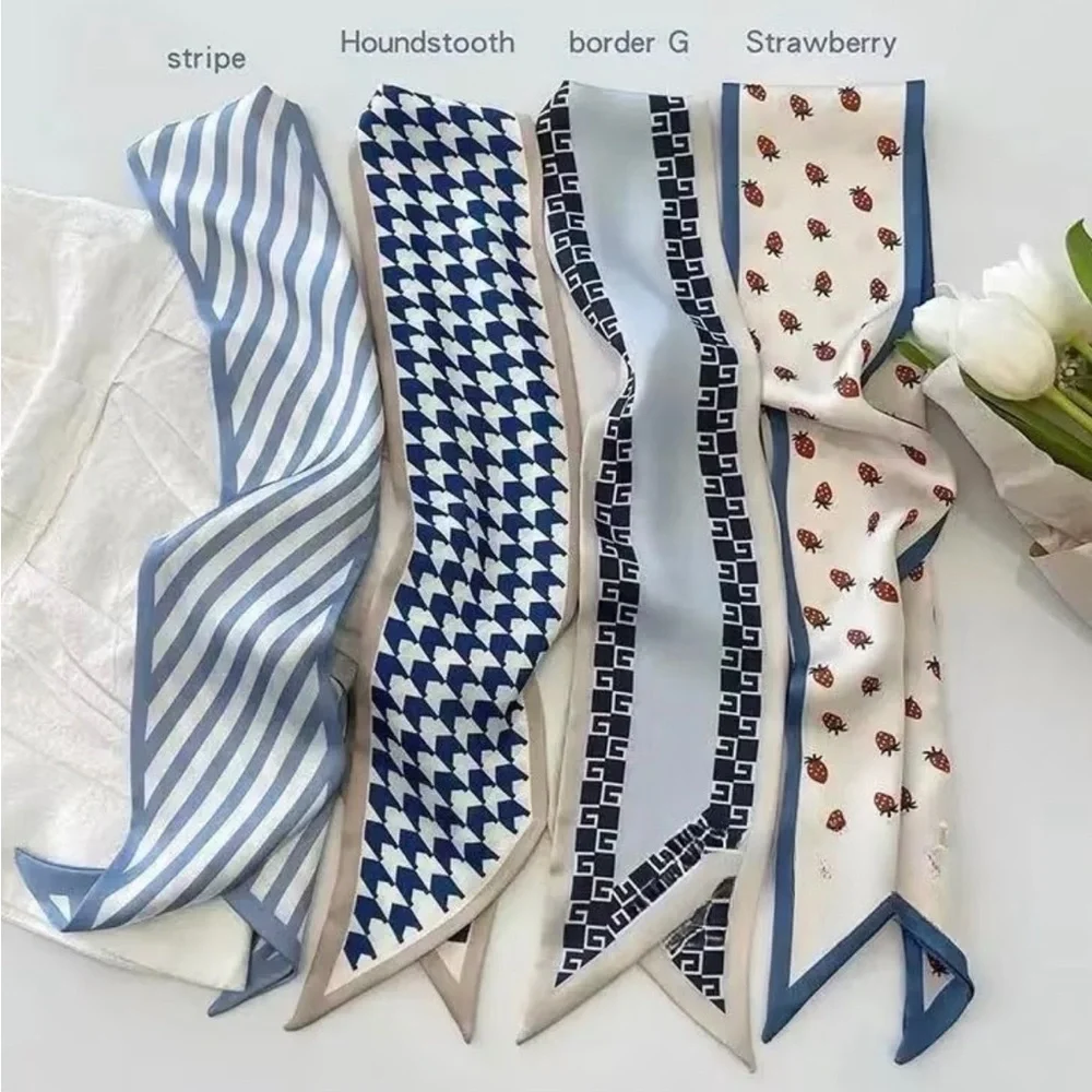 Parisian Chic Set of 4 Geometric Strawberry Twilly Scarves Stripes Houndstooth